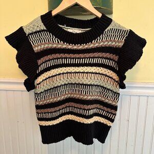 Striped Knit Sleeveless Sweater With Ruffle Sleeves By Elan Size L